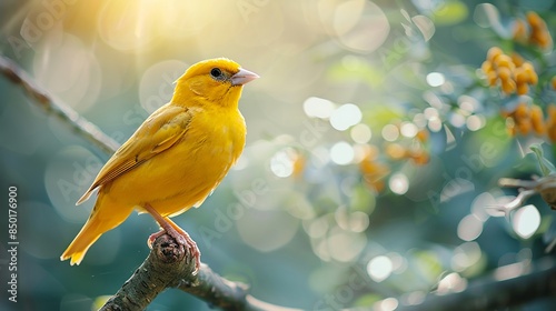 Close-up of a beautiful canaria bird with beautiful yellow plumage resting on a branch photo