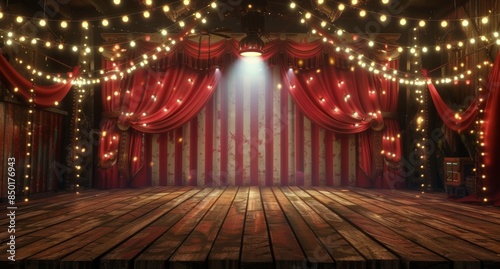 Empty Stage With Red And White Striped Curtains And String Lights