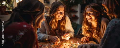 Wallpaper Mural A group of female friends enjoying a cozy evening playing board games together, lit by warm and comforting ambient lighting. Torontodigital.ca
