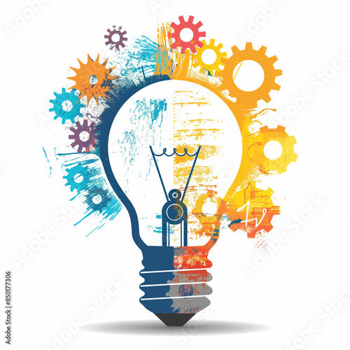A dynamic illustration of a lightbulb with colorful gears and paint splashes, symbolizing innovation, creativity, and the synergy of art and technology
