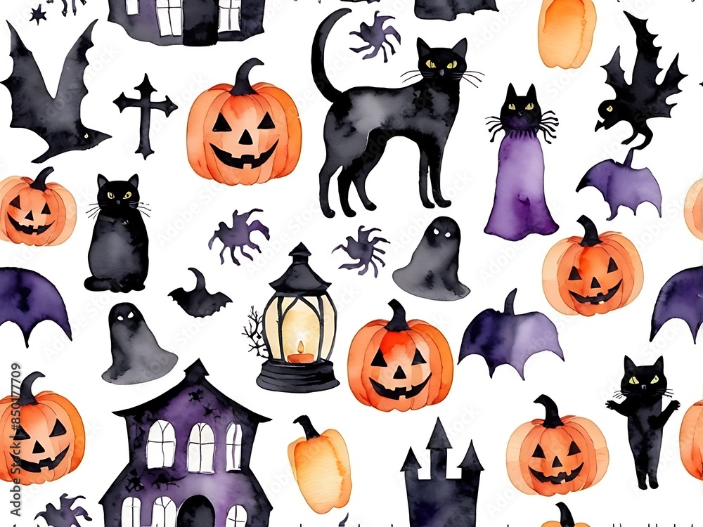 Fototapeta premium Spooky Halloween Decorations WATERCOLOR