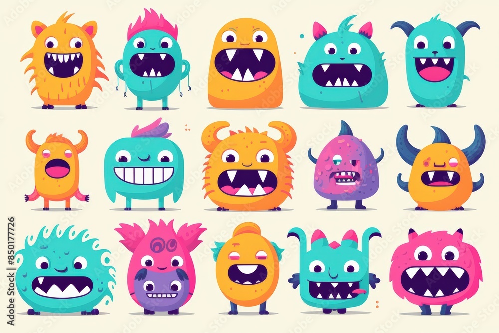 Obraz premium A cheerful collection of colorful cartoon monsters with various expressions and designs, perfect for kids' projects and playful illustrations.