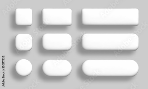White 3d buttons set. Vector realistic UI UX design elements set