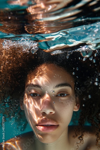 Underwater portraits of curly-haired women, underwater photography soft light and deep blue water create shadows. In fashion style fashion magazine cover editorial style with surrealistic style