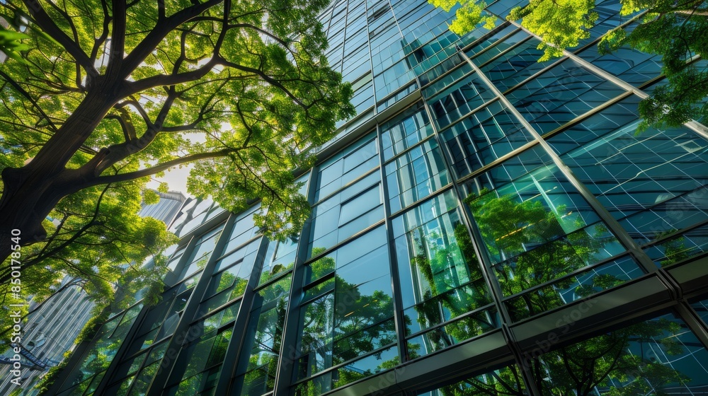 Fototapeta premium Sustainble green building. Eco-friendly building in modern city. ESG. Sustainable glass office building with green tree. Office with green environment. Corporate sustainability. Net zero emission.