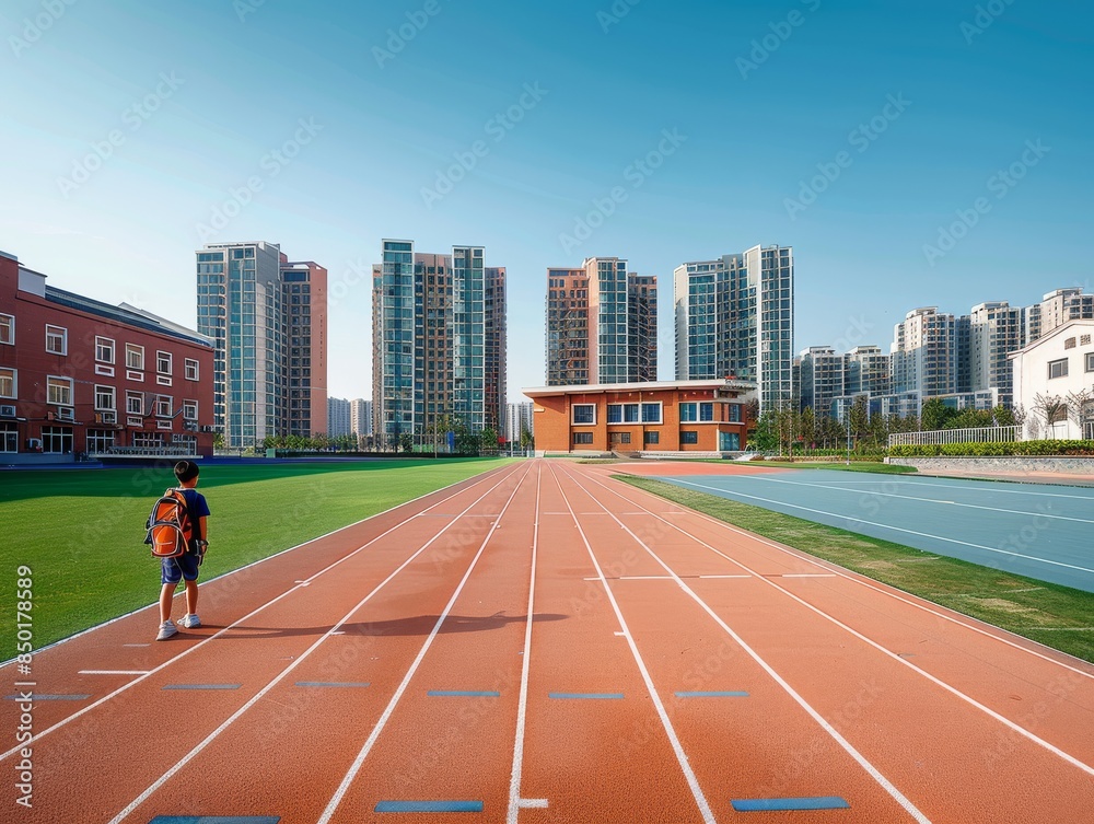 Two children walk down a track in front of a row of buildings Two children walk down a track in front of a row of buildings
