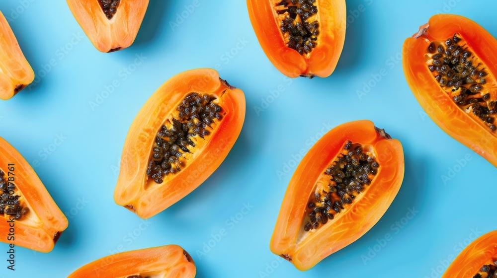 Fresh papaya cut into halves lying on a blue surface, ideal for food or tropical decor photography