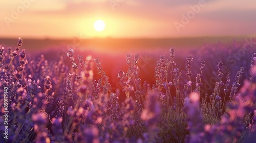 Blooming lavender in a field at sunset. Beautiful background