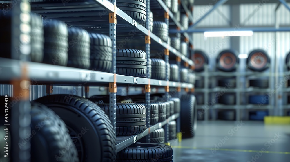 Naklejka premium New tire is placed on the tire storage rack on warehouse, Car tires. copy space for text.