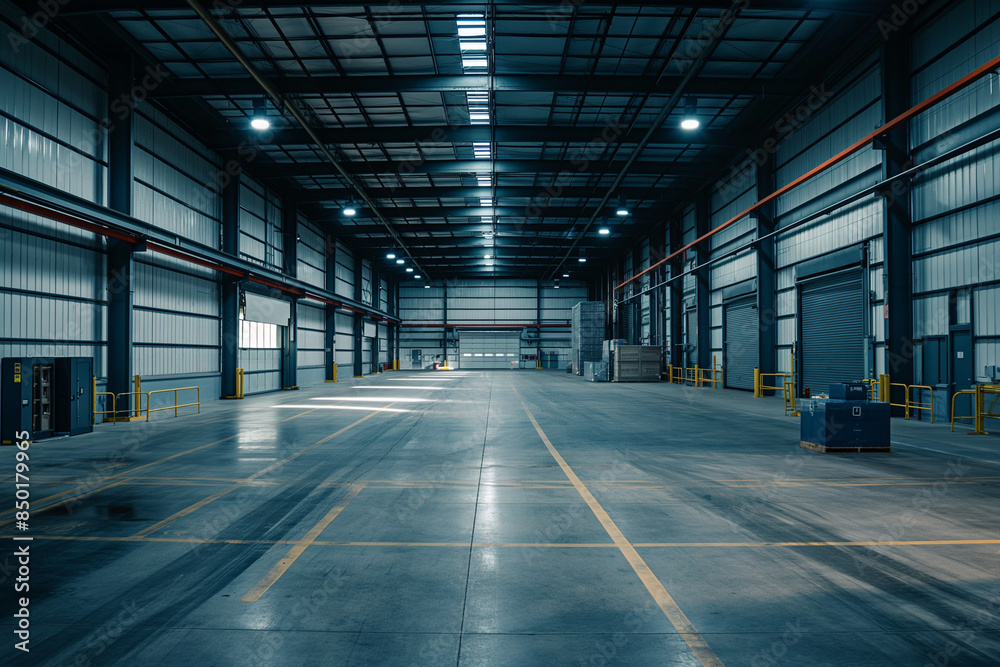 A vast, empty warehouse interior with high ceilings and wide-open space, emphasizing industrial capacity and potential for storage or production A vast, empty warehouse interior with high ceilings and wide-open space, emphasizing industrial capacity and potential for storage or production