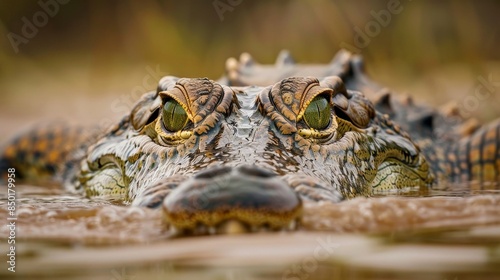 AI-generated photo of a crocodile lurking in the water, perfectly camouflaged, only its eyes and nostrils are visible.