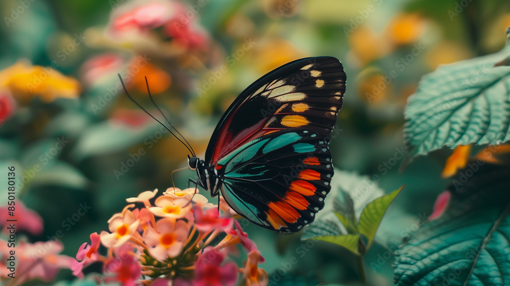 Obraz premium Vibrant Butterfly Resting on a Flower. The butterfly's wings display intricate patterns with shades of blue, black, and red, creating a stunning contrast against the flower's vivid colors. 