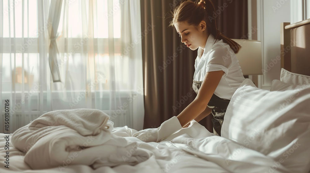 custom made wallpaper toronto digitalProfessional chambermaid in uniform making bed in hotel room. copy space for text.