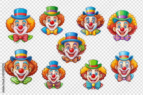 Collection Circus clown head. Set Circus clown head. Transparent background, Circus clown head design. Graphics vector illustration.