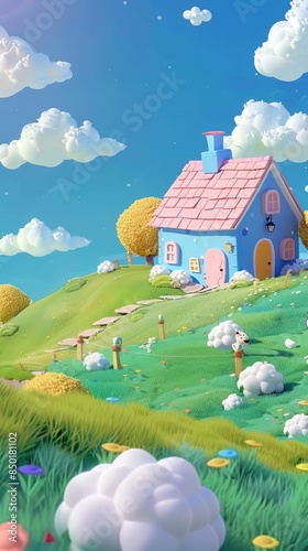 A cartoonish scene of a house with a red roof and a white door