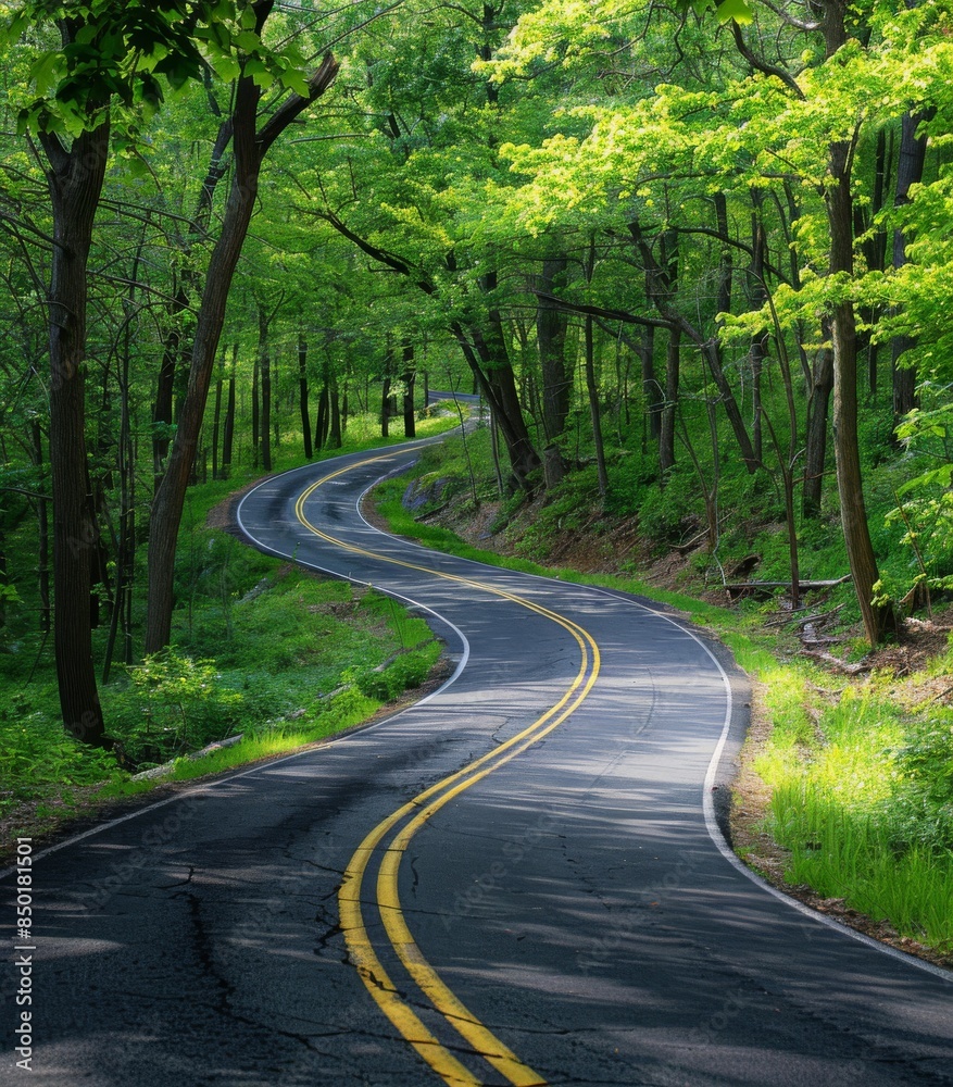 A winding road with trees on both sides