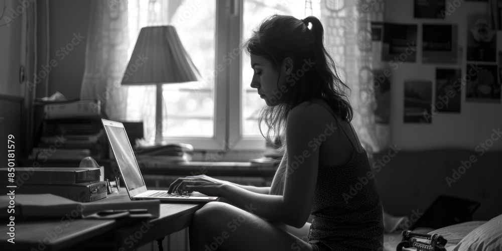 A person seated at a laptop, likely working or studying A person seated at a laptop, likely working or studying