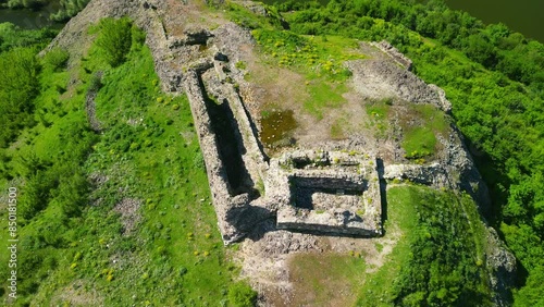 Aerial view of Ruins of ancient Vishegrad Fortress on the southern coast of Studen Kladenets reservoir near town of Kardzhali, Bulgaria
 photo