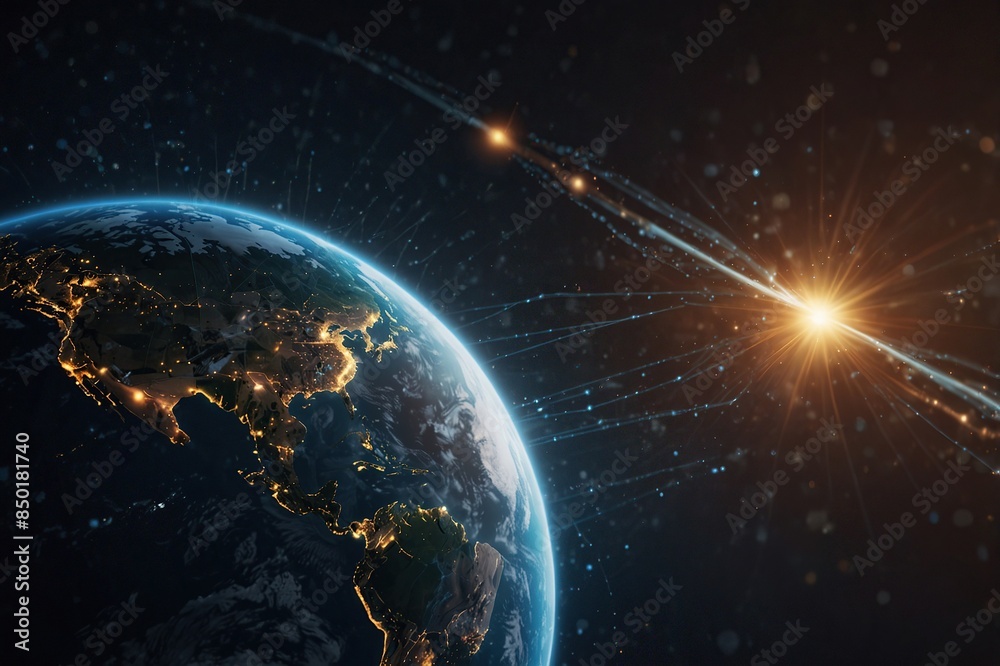Obraz premium Communication technology for internet business. Global world network and telecommunication on earth cryptocurrency and blockchain and IoT