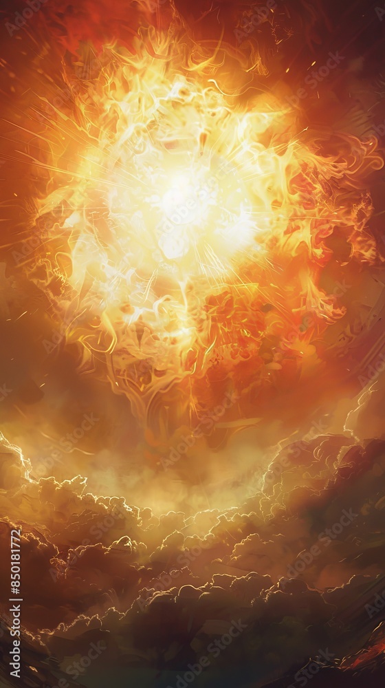 A bright orange sun is surrounded by clouds in the sky A bright orange sun is surrounded by clouds in the sky