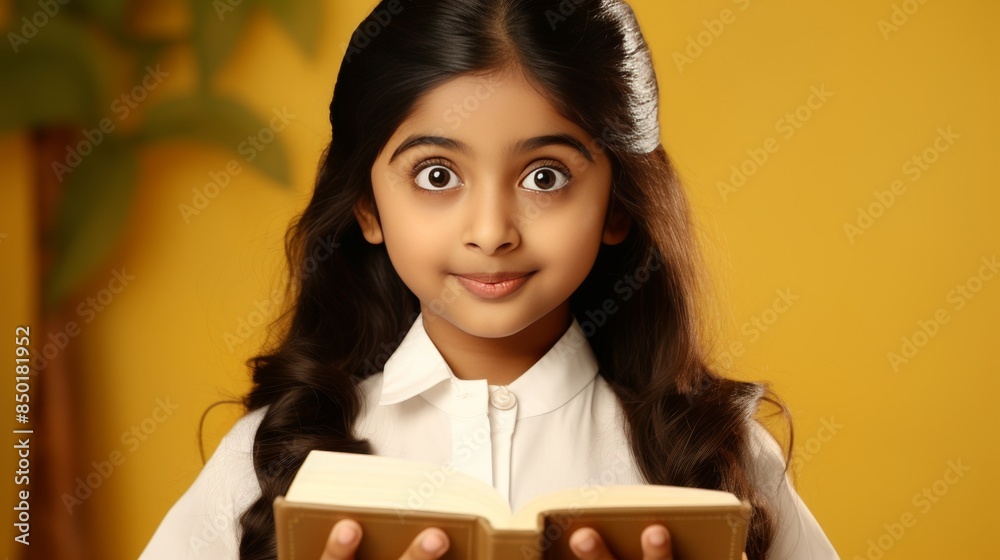 Fototapeta premium Happy indian schoolgirl reading with books, smiling, isolated on yellow background with copy space