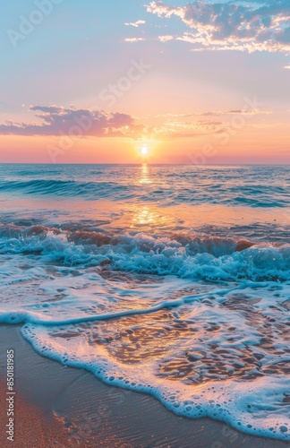 The ocean is calm and the sun is setting, creating a beautiful