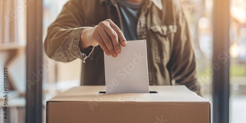 A citizen placing their vote in a voting box during an election. Democracy referendum plebiscite popular choice idea.
