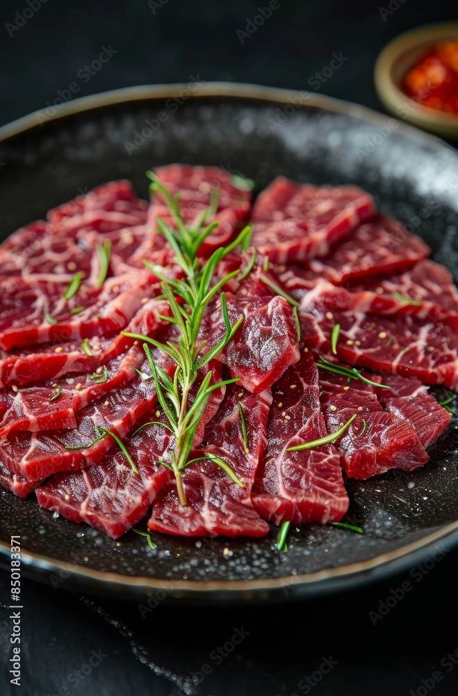 A plate of meat with rosemary on top A plate of meat with rosemary on top