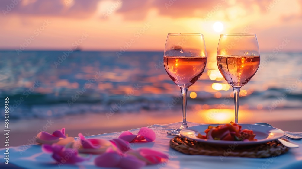 Obraz premium Summer love. Romantic sunset dinner on the beach. Table honeymoon set for two with luxurious food, glasses of rose wine drinks in a restaurant with sea view. copy space for text.
