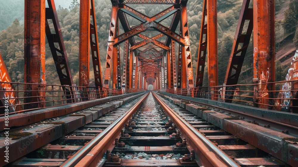 Fototapeta premium A rusty steel railway bridge stretches into the distance, with rugged mountains in the background, depicting a sense of travel and adventure.