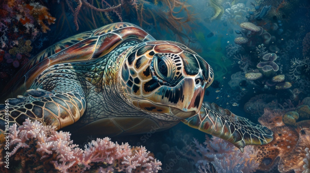 Obraz premium A beautiful sea turtle swims through a coral reef. The turtle is graceful and serene, and the reef is vibrant and colorful.
