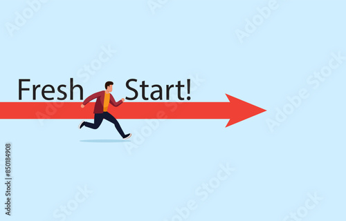 A male businessman runs towards a red arrow that shoots. New startup concept. Heading towards the goal of success. Flat vector illustration