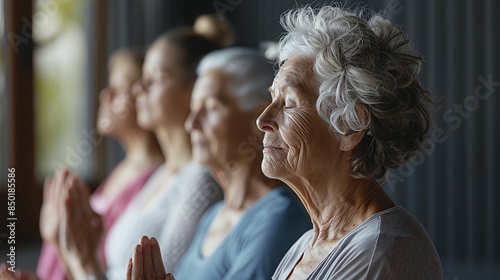 Senior yoga, pilates and fitness gym class of elderly women friends training for health and wellness. © Alex Bur