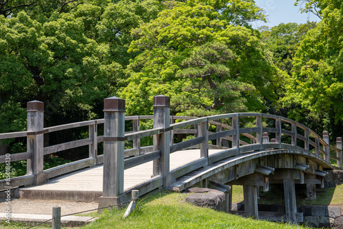 A bridge with an old architectural style surrounded by beautiful trees in Japan