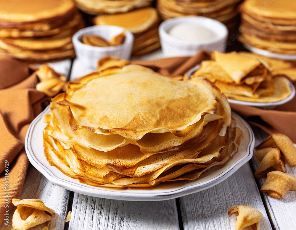 Pancakes on the white plate. Many pancakes are stacked. Pancakes on the white plate. Many pancakes are stacked.