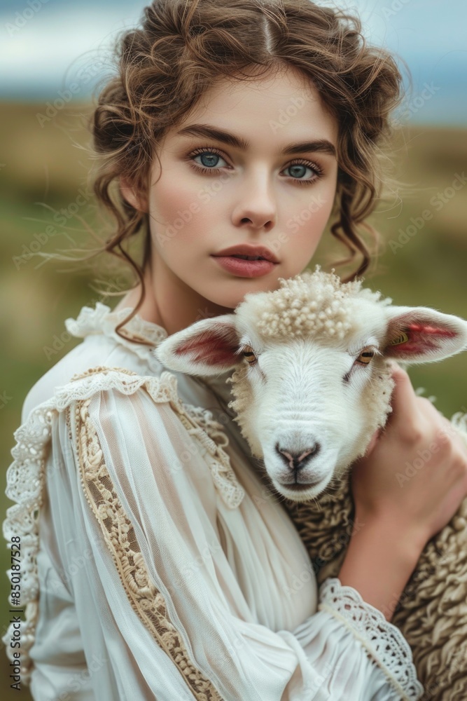 A woman wearing a white dress is holding a sheep, possibly on a farm or in a rural setting A woman wearing a white dress is holding a sheep, possibly on a farm or in a rural setting
