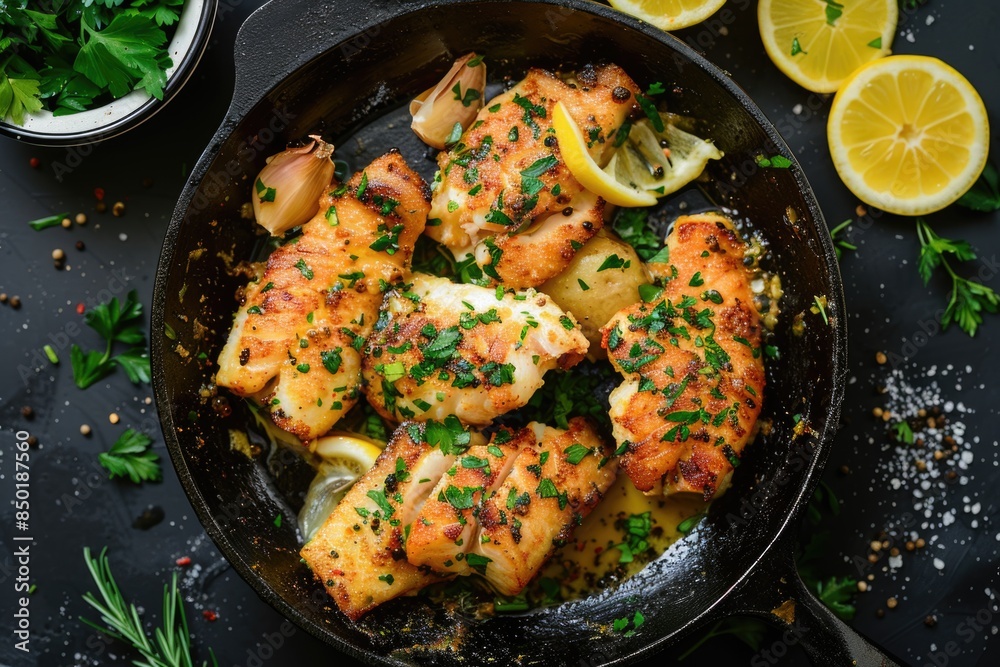 A pan filled with chicken and lemon slices, great for serving as an appetizer or main course A pan filled with chicken and lemon slices, great for serving as an appetizer or main course