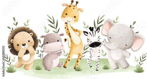Watercolor Illuatration Cute Baby Safari Animals and Tropical Leaves