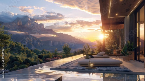 A serene mountain landscape at sunset with a pool in the foreground, ideal for travel or outdoor lifestyle images