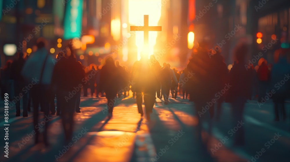 Fototapeta premium Christian cross silhouette in motion blur busy urban city