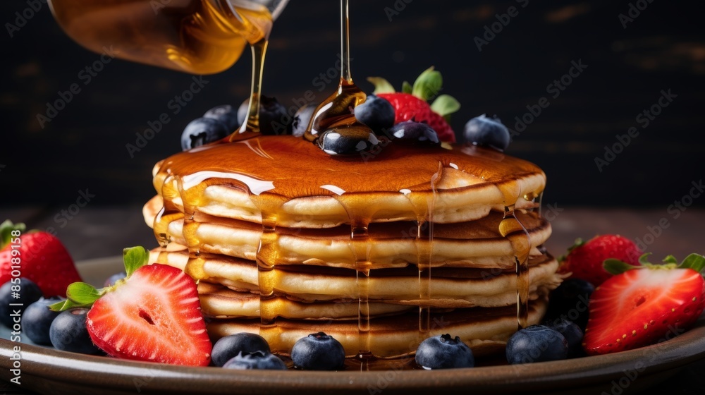 Homemade pancakes with fresh berries, maple syrup, and honey drizzle for breakfast Homemade pancakes with fresh berries, maple syrup, and honey drizzle for breakfast