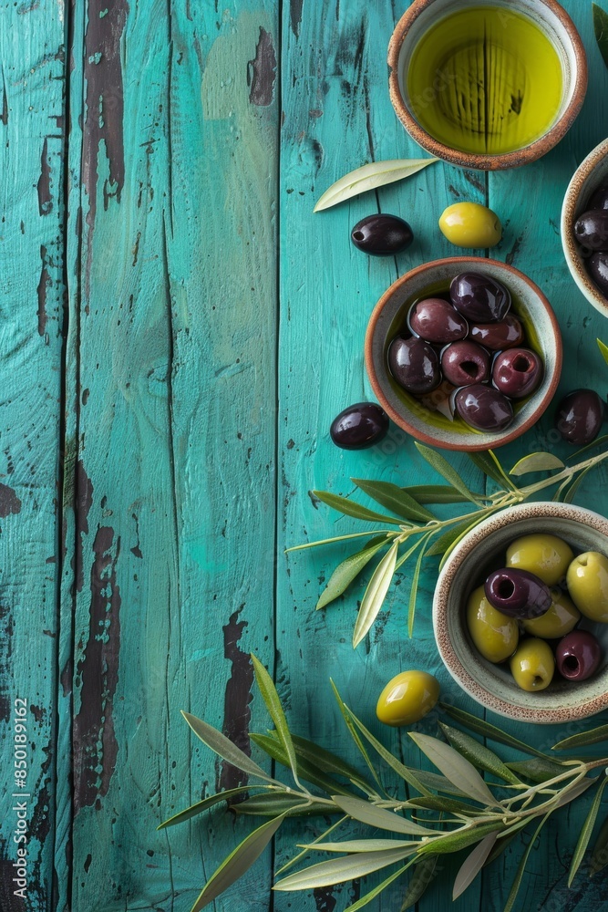 Black and green olives sit in bowls with olive oil on a blue wooden table Black and green olives sit in bowls with olive oil on a blue wooden table