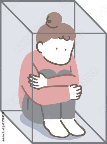 箱の中に閉じ込められて孤独になる女性のイラスト素材