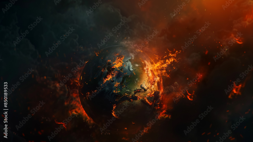 Obraz premium earth engulfed in flames with a dark smoky backdrop and intense fiery explosions