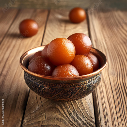 Indian popular sweet food gulab jamun on wooden table  photo