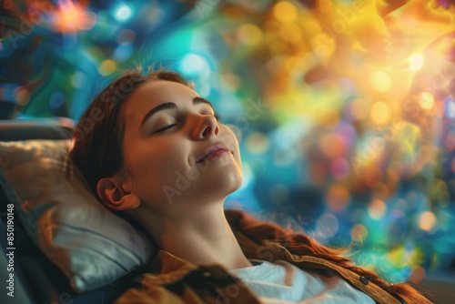 Therapist uses hypnosis to heal woman's psychological issues stemming from challenging upbringing; patient relaxes on sofa and enters trance state during session.