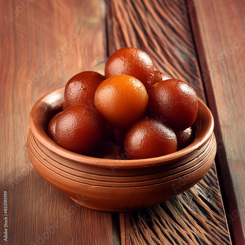 Indian popular sweet food gulab jamun on wooden table  photo