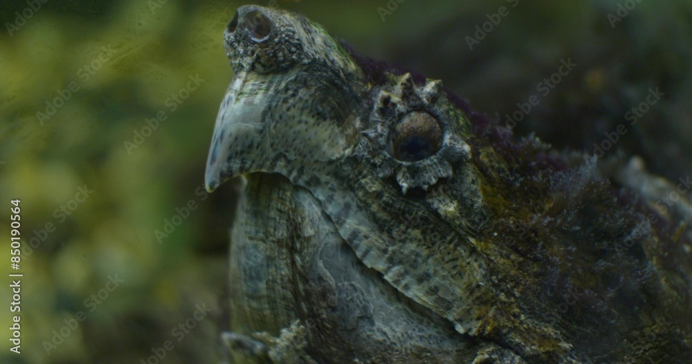 Close-up of the face of a large snapping turtle lying underwater. In the zoo's aquarium, a snapping turtle lies motionless. The snapping turtle is indistinguishable from rocks in an aquarium.