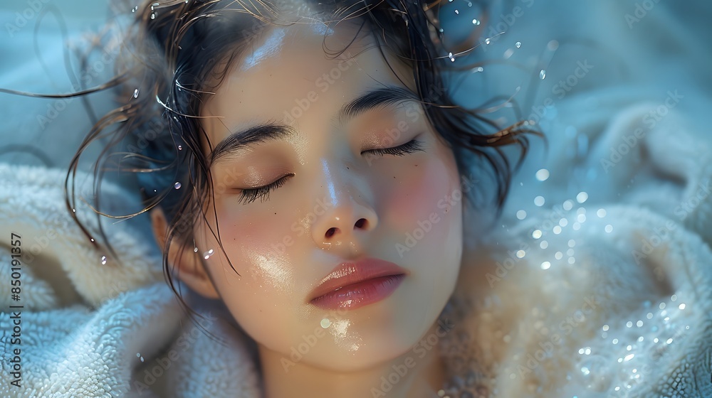 A serene spa setting with an Asian woman enjoying an herbal steam facial, her hair wrapped in a towel and eyes closed, capturing the essence of relaxation and skin care. List of Art Media: A serene spa setting with an Asian woman enjoying an herbal steam facial, her hair wrapped in a towel and eyes closed, capturing the essence of relaxation and skin care. List of Art Media: