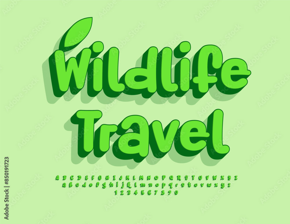 Naklejka premium Vector funny flyer Wildlife Travel. Playful Green Font. Unique 3D Alphabet Letters and Numbers set.
